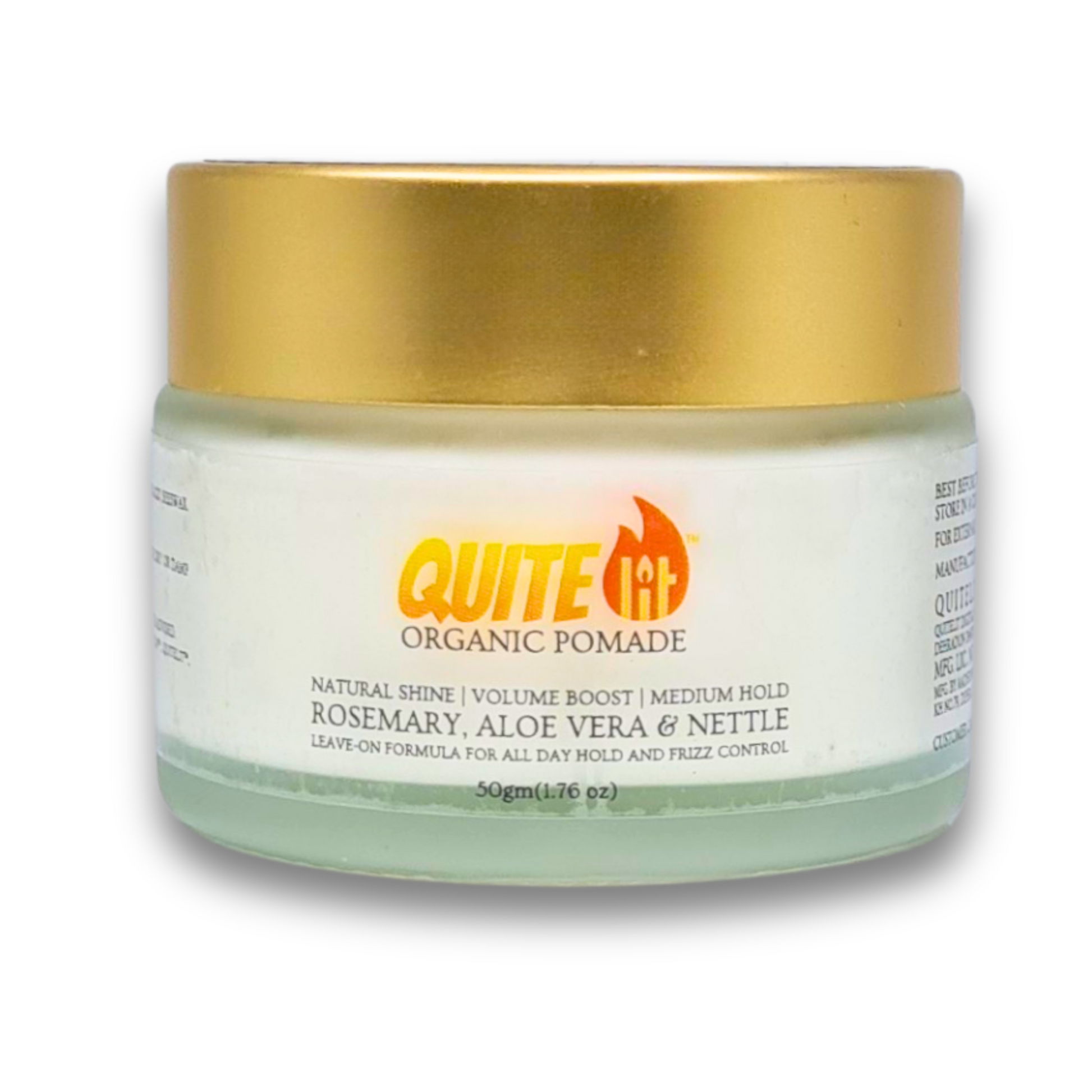 Close-up of BestIndian™ QuiteLit® Hair Pomade jar with gold cap, showing key ingredients like rosemary, aloe vera, and nettle for shine and medium hold.