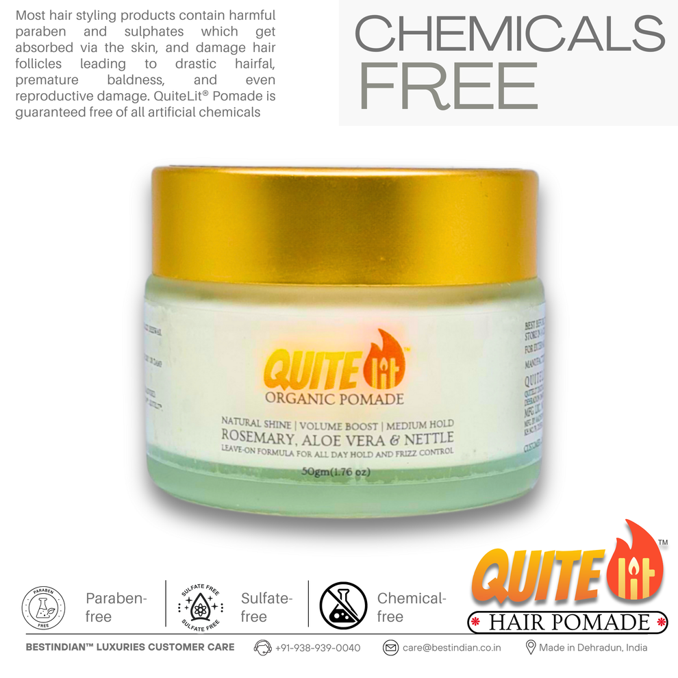 Jar of QuiteLit® Pomade highlighting its chemical-free, paraben-free, and sulfate-free formulation for safe daily styling.