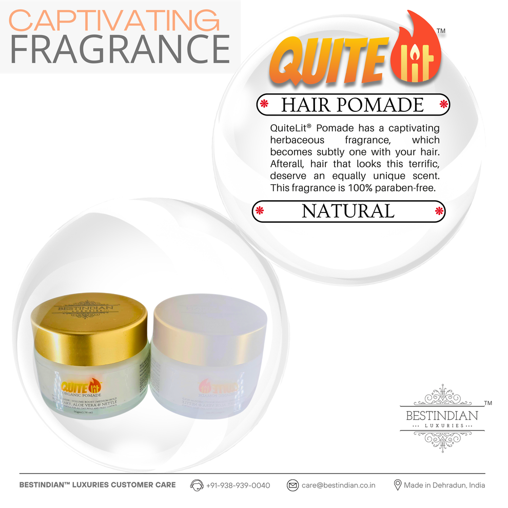 Jar of QuiteLit® Hair Pomade with a gold lid, promoting a natural, paraben-free formula and captivating herbal fragrance.