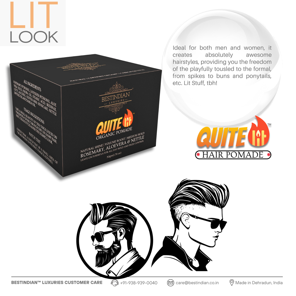 QuiteLit® Hair Pomade showcased with styling illustrations, describing its effectiveness for both men and women.
