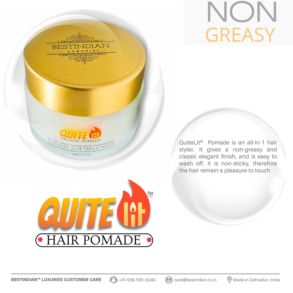 Overhead view of QuiteLit® Pomade jar with gold lid; text emphasizes lightweight, non-greasy, and non-sticky finish for elegant hair control.