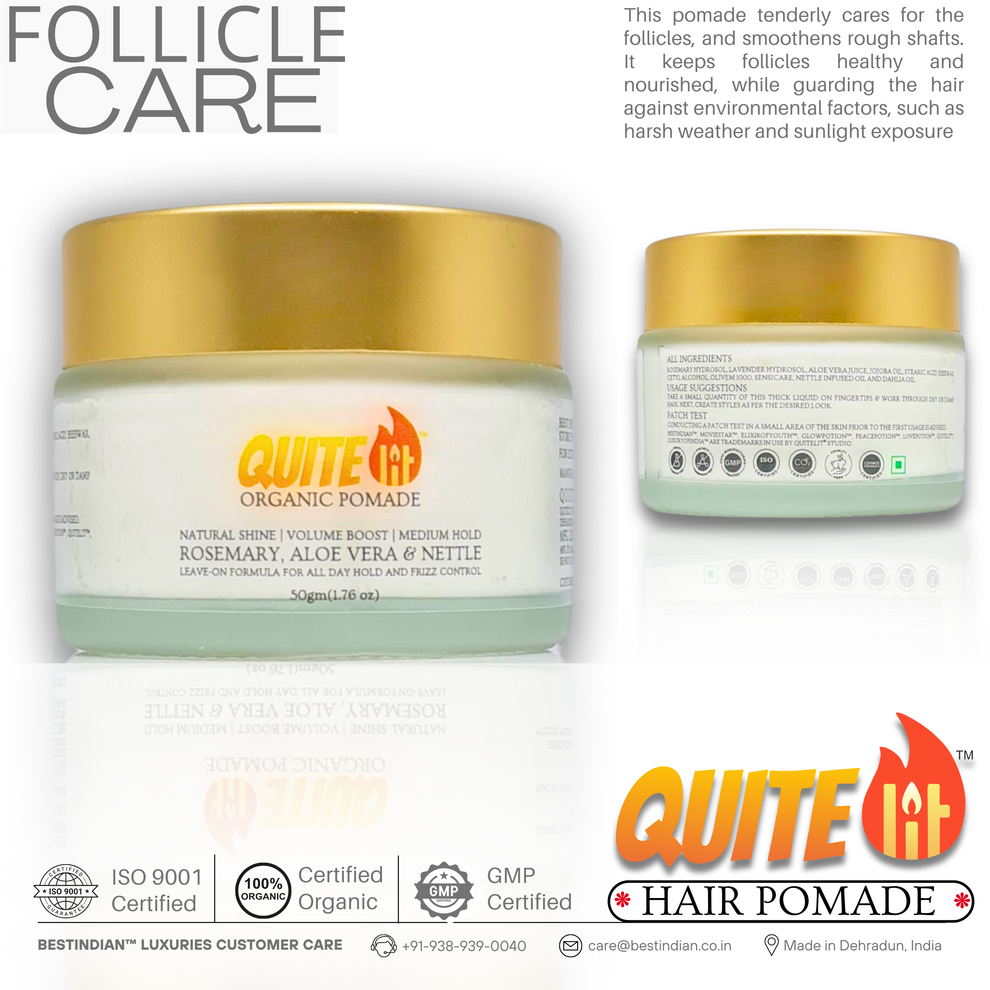 A QuiteLit Hair Pomade promotional image with two jars, focusing on follicle care. The text describes how the pomade nourishes follicles, protects hair from environmental damage, and is made with organic ingredients, certified by ISO 9001 and GMP standards.