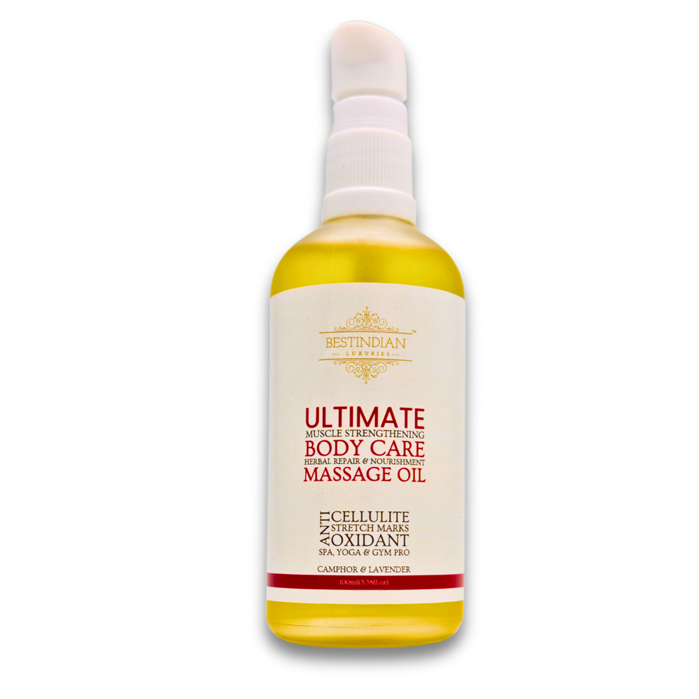 Ultimate Massage Oil BestIndian Conscious Archive Sale Item. A close-up of the BestIndian™ Ultimate Body Care Oil bottle, showcasing its golden herbal texture and luxury design as an organic, ayurvedic body oil for glowing skin, effective stretch mark removal, and stress-relief massage for professionals and daily users.