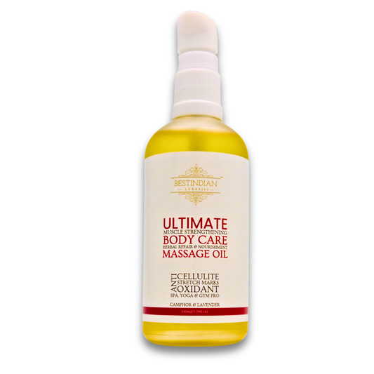 A close-up of the BestIndian™ Ultimate Body Care Oil bottle, showcasing its golden herbal texture and luxury design as an organic, ayurvedic body oil for glowing skin, effective stretch mark removal, and stress-relief massage for professionals and daily users.