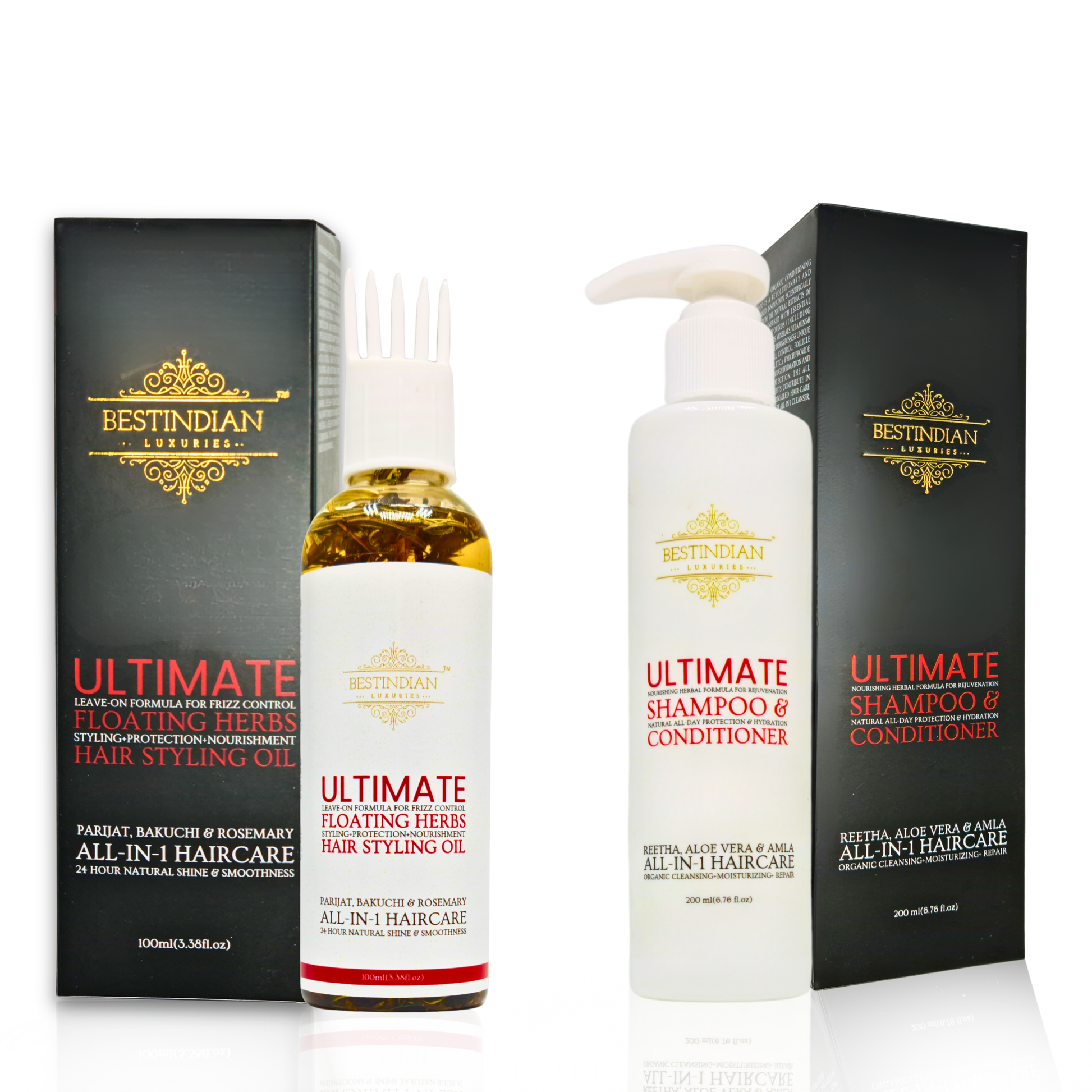 Best Indian hair care products including oil and shampoo on a white background.