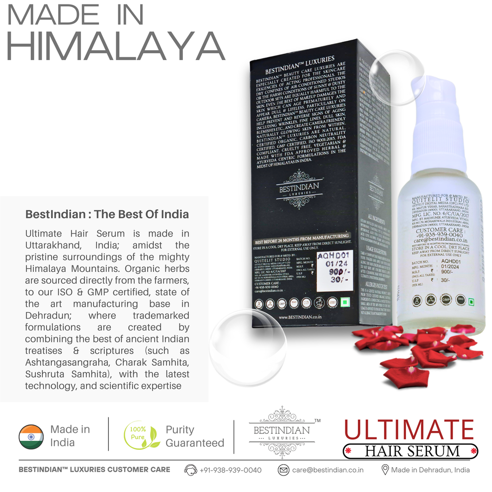infographic about the best Indian hair serum which is made in Himalayas in India.