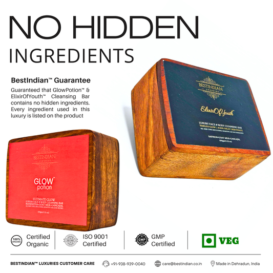 A promotional product graphic for Bestindian Luxuries featuring two wooden soap cases with printed labels, one red for GlowPotion soap and the other black for Elixir of Youth soap, alongside marketing text including 'NO HIDDEN INGREDIENTS' and certification badges.