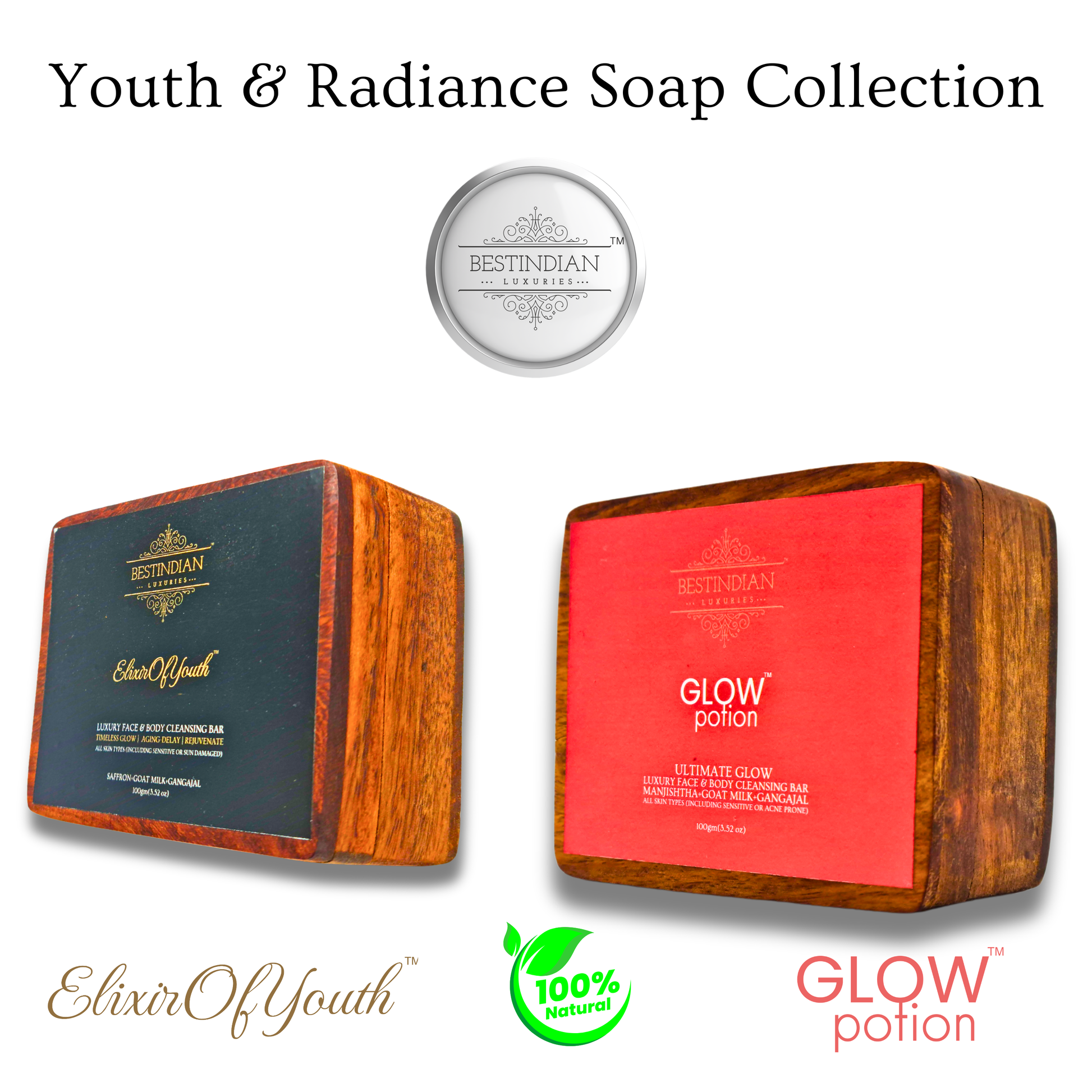 'Youth & Radiance Soap Collection' comprising of two BestIndian Bar soaps - Elixir of Youth and GlowPotion, on a white background. Elixir of Youth soap's outer wooden case is dark gray with gold foil detailing, and the wooden case of GlowPotion soap is bright red with white text.