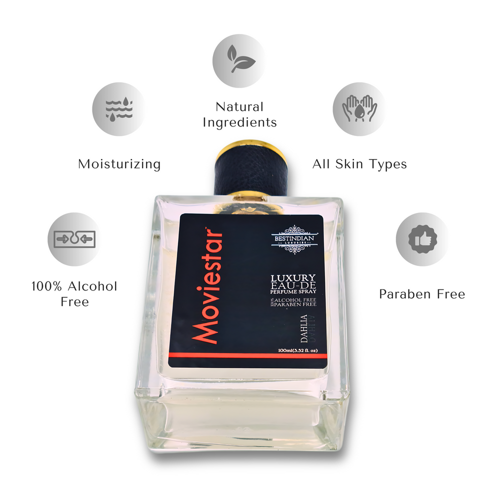 100% Alcohol-free Moviestar™ Dahlia perfume bottle surrounded by benefit icons highlighting natural ingredients, moisturizing, all skin types, and paraben-free features, showcasing this exotic floral perfume with rose water base and pro-skin antioxidant benefits.