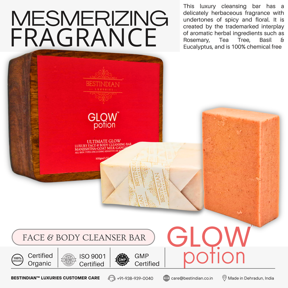 Infographic for Glow Potion, the best herbal soap, highlighting its mesmerizing natural fragrance derived from Rosemary and Tea Tree oil, with its organic certification.