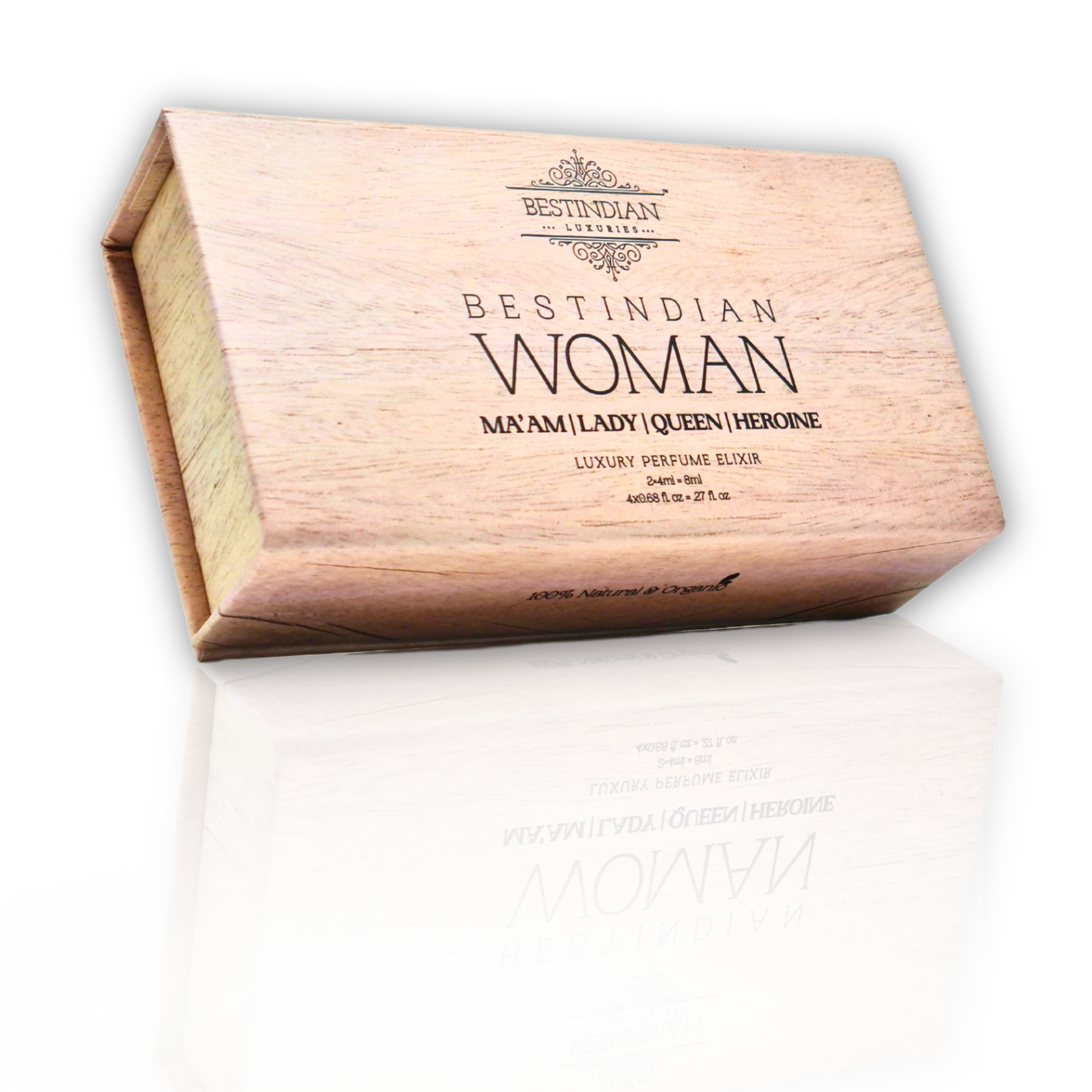 Alcohol-free fragrances: BestIndian™ Woman Luxury Perfume Elixir Set in its elegant light wooden-themed gift box. Ladies Perfume gift set.