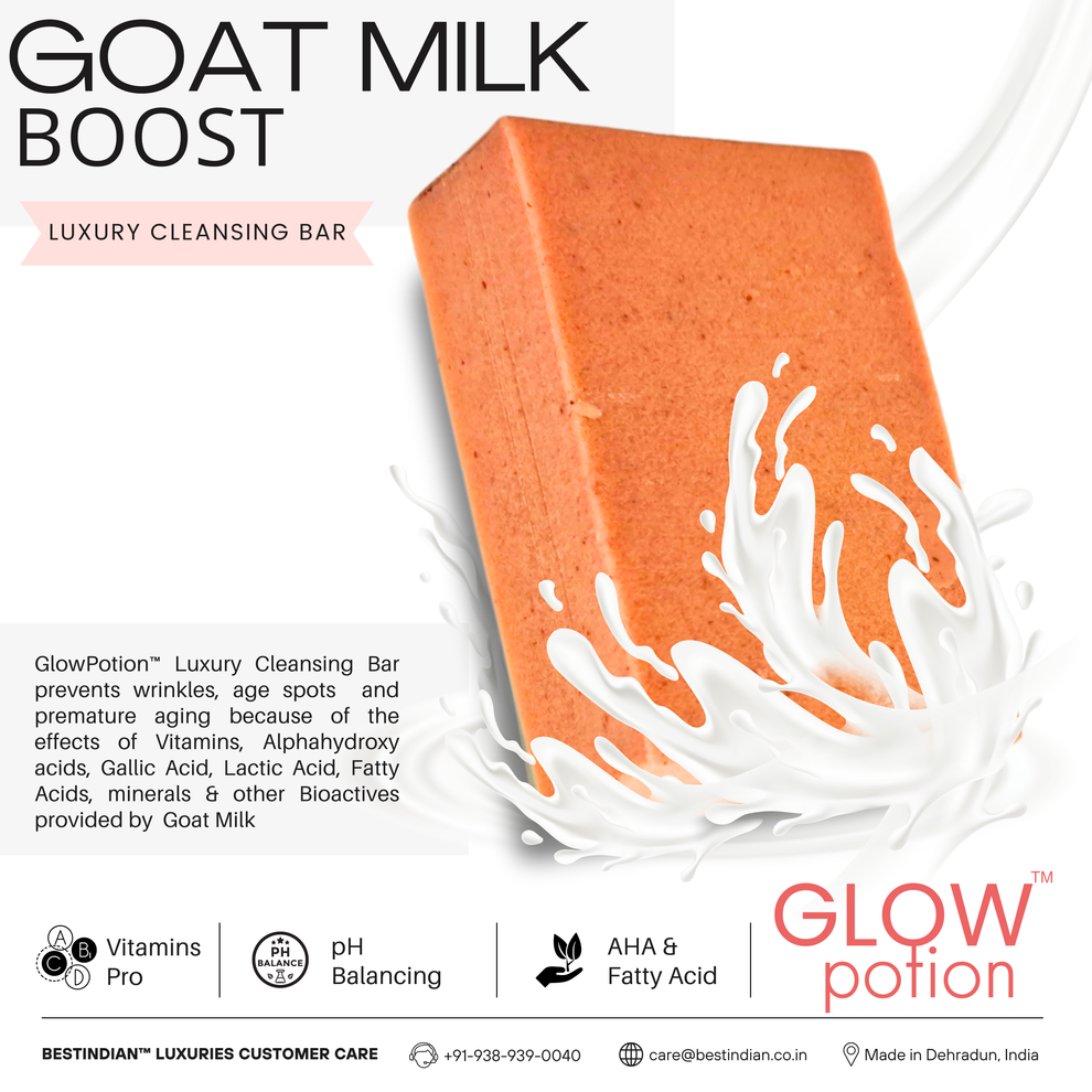 An illustration of the Goat Milk Boost in best goat milk soap in India-Glow Potion, showing its benefits like pH balancing and natural AHA for skin brightening.
