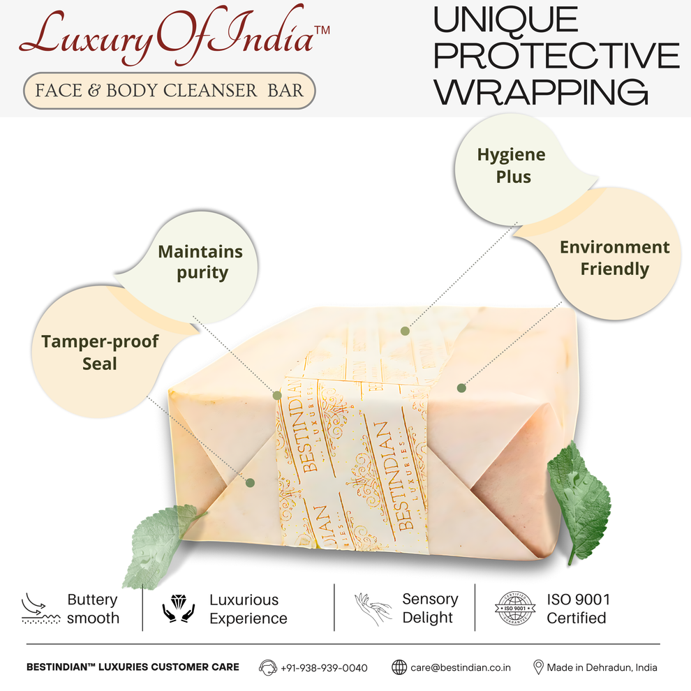 The unique, hygienic, and environment-friendly protective wrapping for the ISO 9001 certified BestIndian Luxury of India soap, ensuring a luxurious experience.