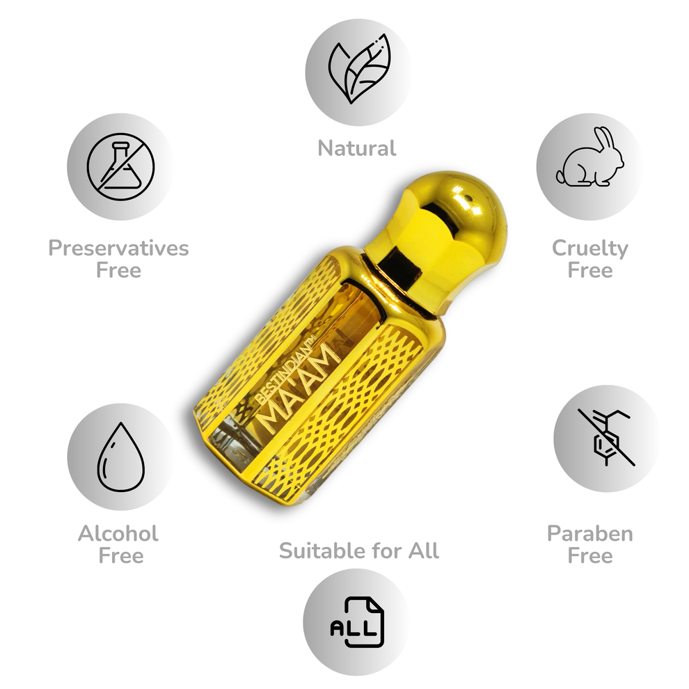 BestIndian™ Ma'am golden bottle displayed in center with benefits icons surrounding it, highlighting this sandalwood attar for women as natural, preservatives-free, alcohol-free, paraben-free, cruelty-free perfume oil suitable for all with woody spicy attar formulation.
