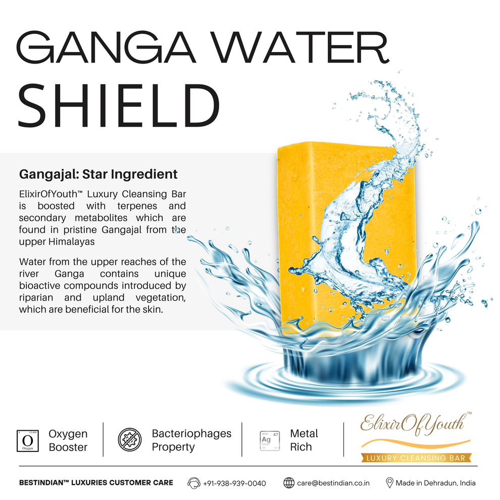 Infographic with image of the best Indian natural soap Elixir Of Youth anti-aging soap immersed in Gangajal, its ingredient. 