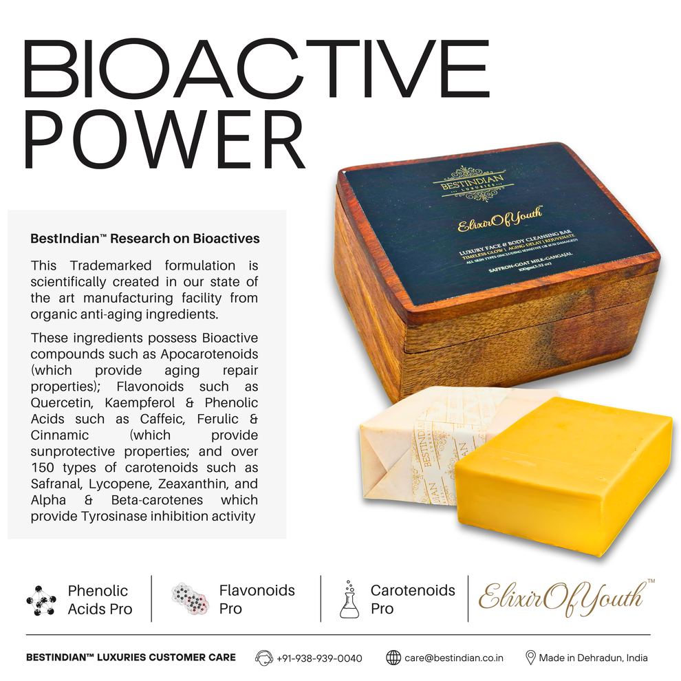 Infographic with image of the best Indian organic soap- Elixir Of Youth soap and its wooden casing and surrounding text explaining its bioactive powers such as Phenolics acids, flavonoids and carotenoids, etc. 