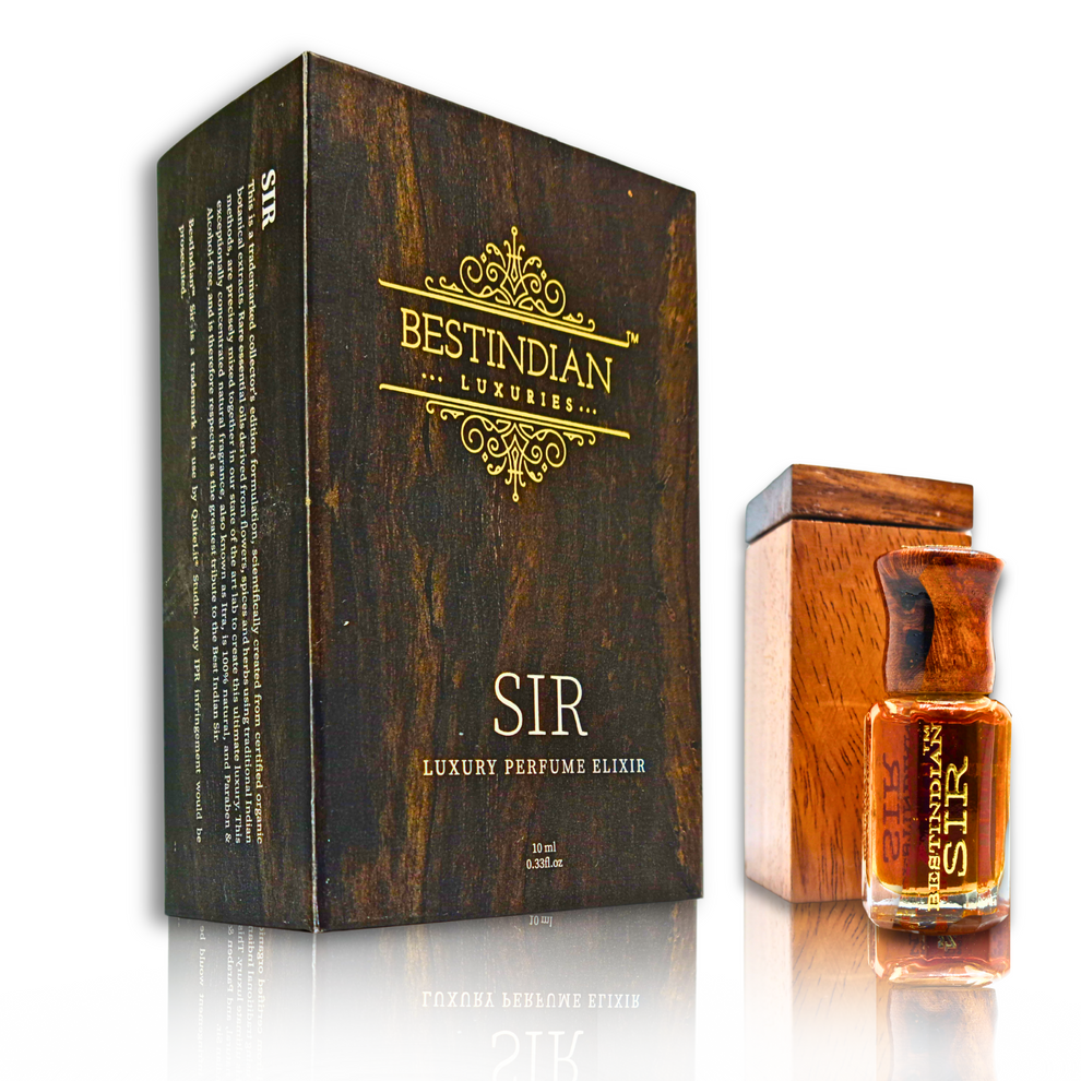 Complete packaging set for the best perfume in India for men: Sir by BestIndian™ Perfume Oil Elixir bottle, inner wooden case, and outer wooden-themed box. Long lasting Oud perfume.