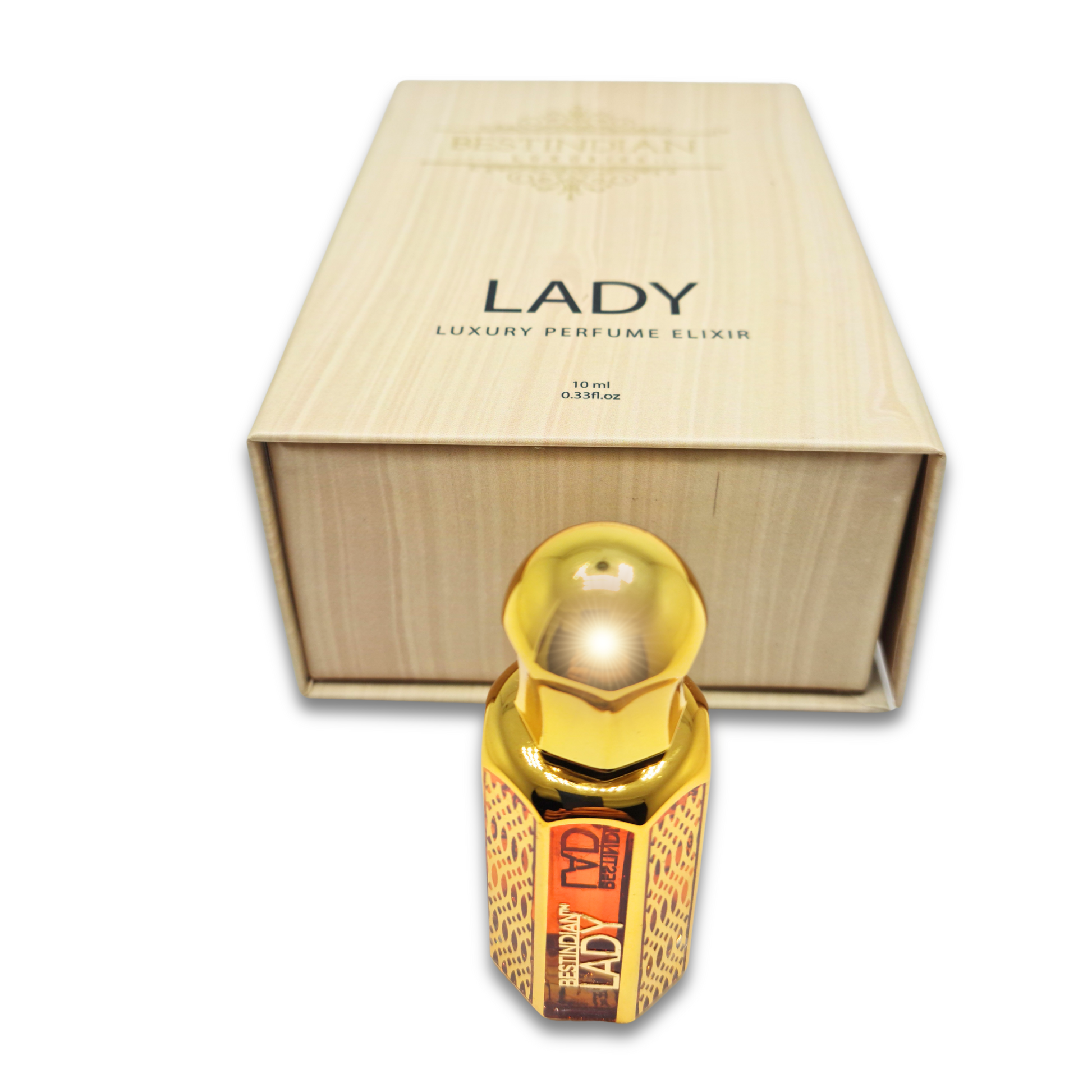 Ornate golden vial of 100% natural perfume for ladies- BestIndian™ Lady Perfume Elixir with its light wooden-themed packaging behind.