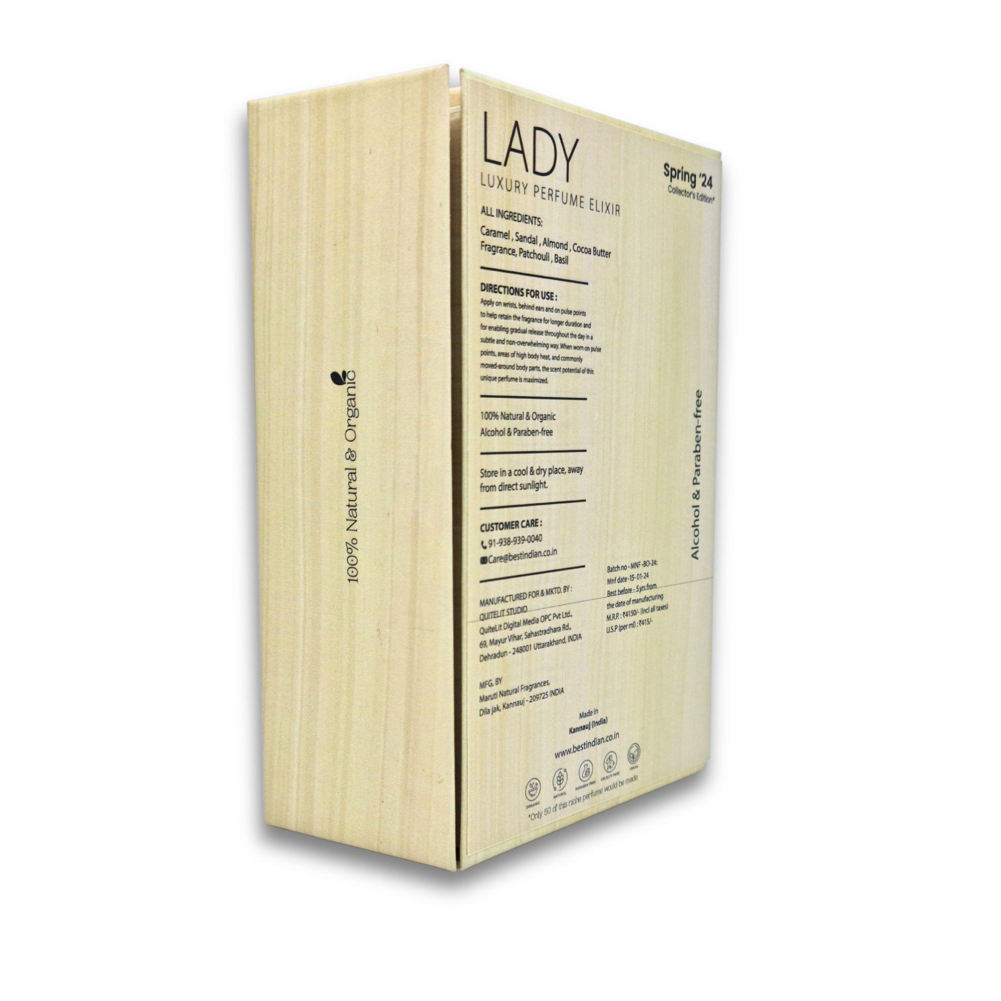 BestIndian™ Lady alcohol-free perfume roll on fragrance in its light wooden-themed luxury cardboard packaging. 100% Natural & Organic.