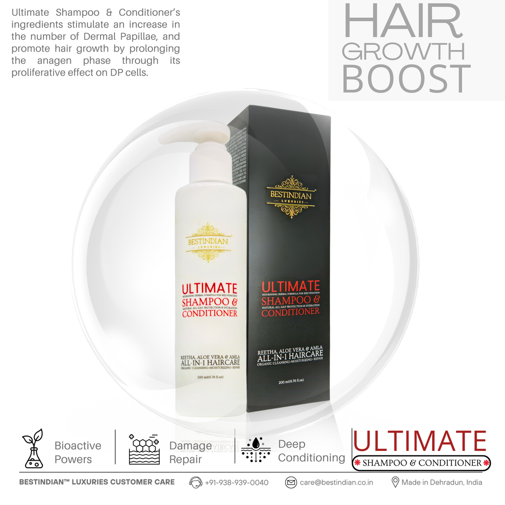 Infographic showing how Best Indian Shampoo & Conditioner's herbal formula boosts hair growth by stimulating follicle DP cells.