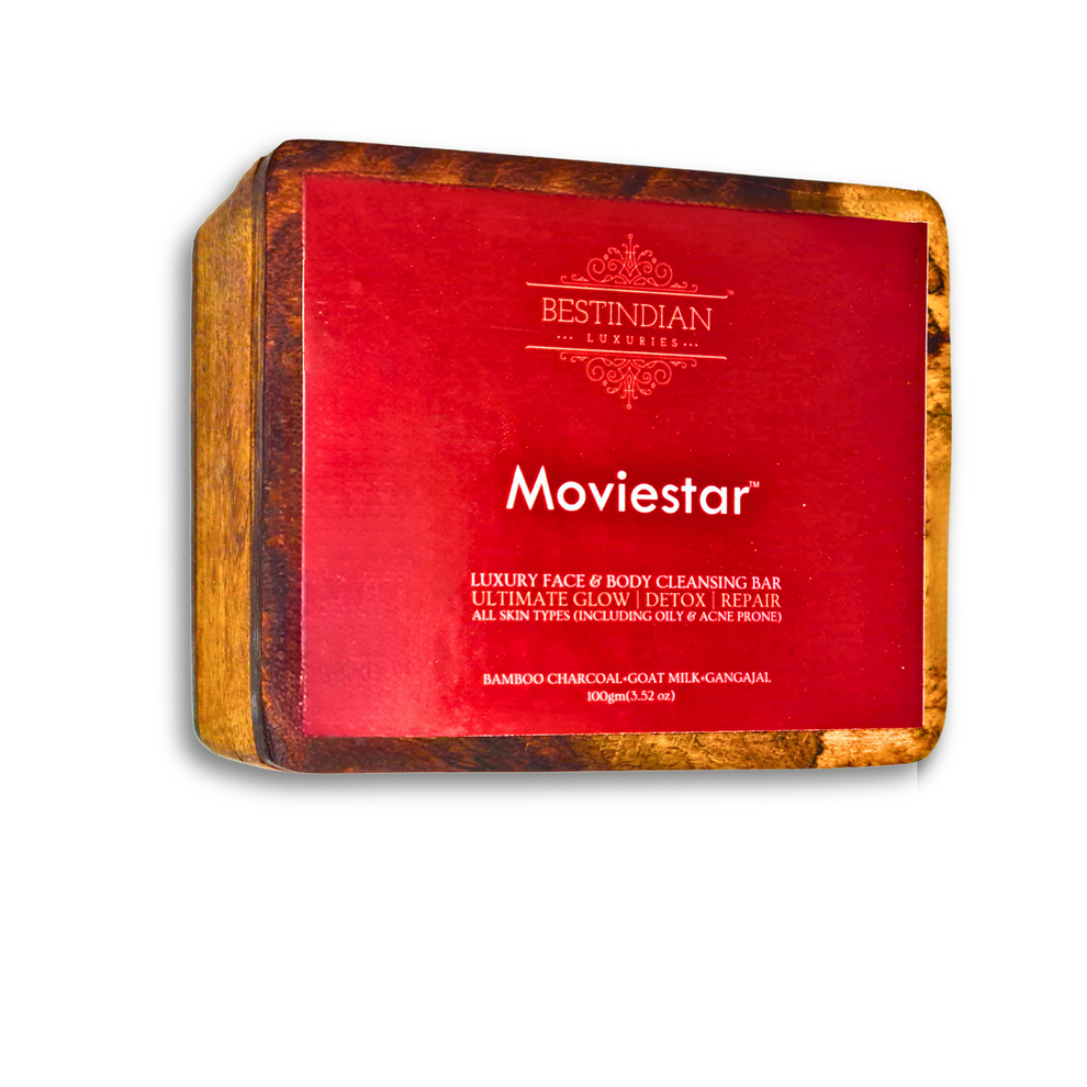 The Moviestar™ charcoal soap by BestIndian™- the best Indian soap for oily skin, shown in its premium, dark wood gift box with a red label.