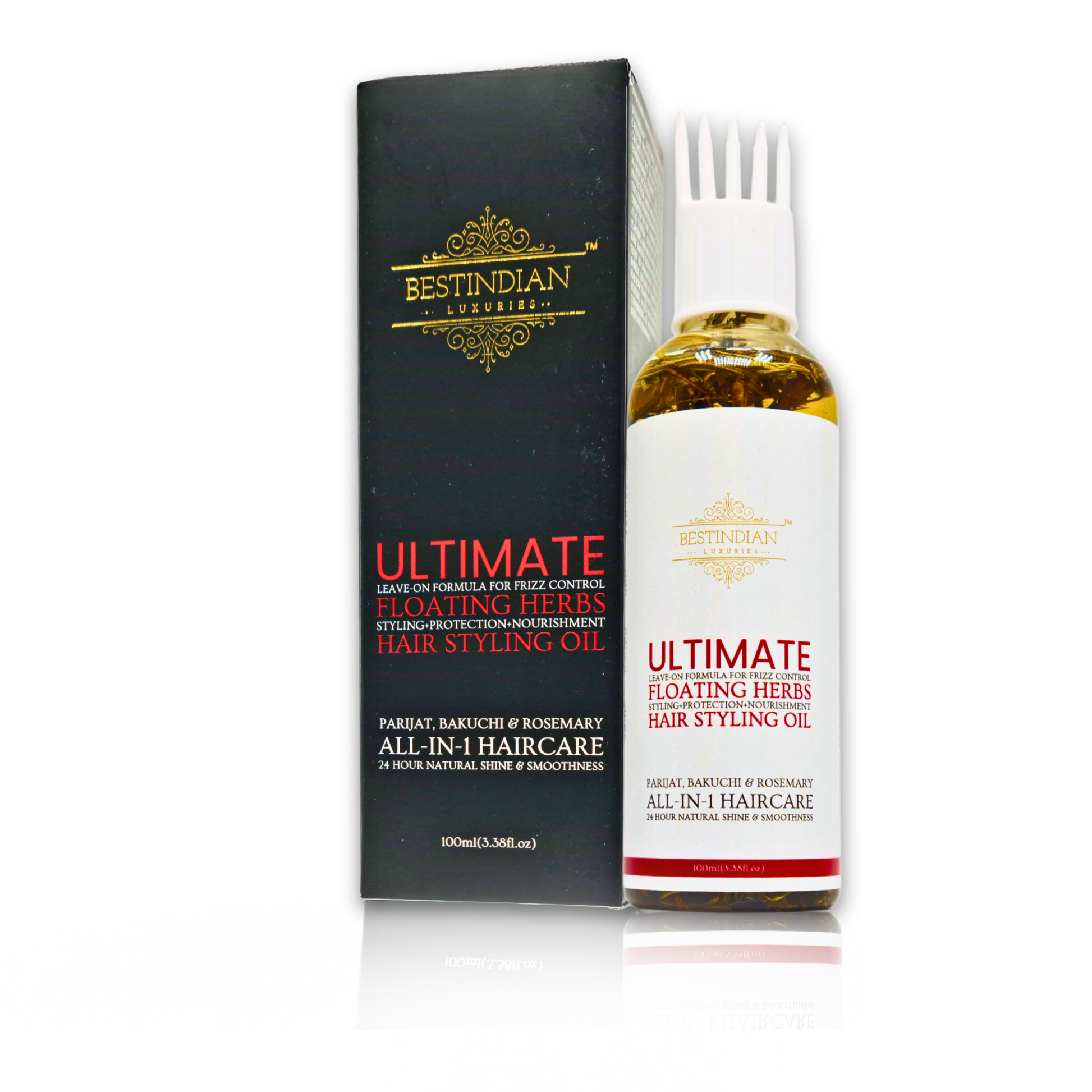 Main product image of best Indian hair oil bottle with the luxurious black outer packaging box, featuring red product lettering and golden BestIndian™ logo. BestIndian™ Ultimate Hair Growth & Styling Oil.