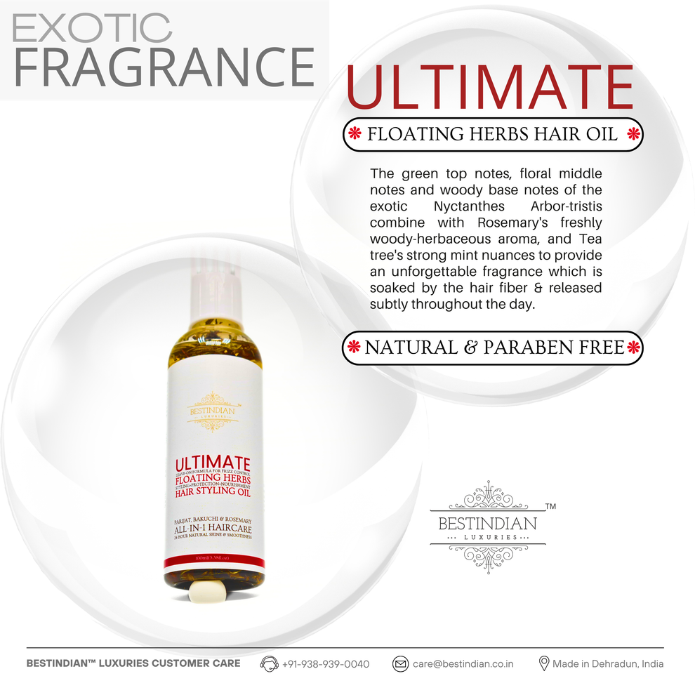 Highlighting the exotic herbal Parijat fragrance of BestIndian™ Ultimate Hair Oil, a natural sensory delight.