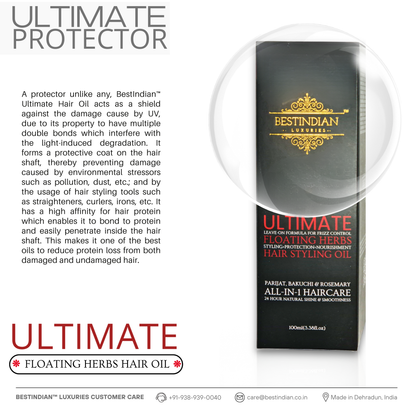 Best Indian™ Ultimate Hair Growth & Styling Oil as the ultimate protector, shielding hair from daily damage, pollution, and heat styling.