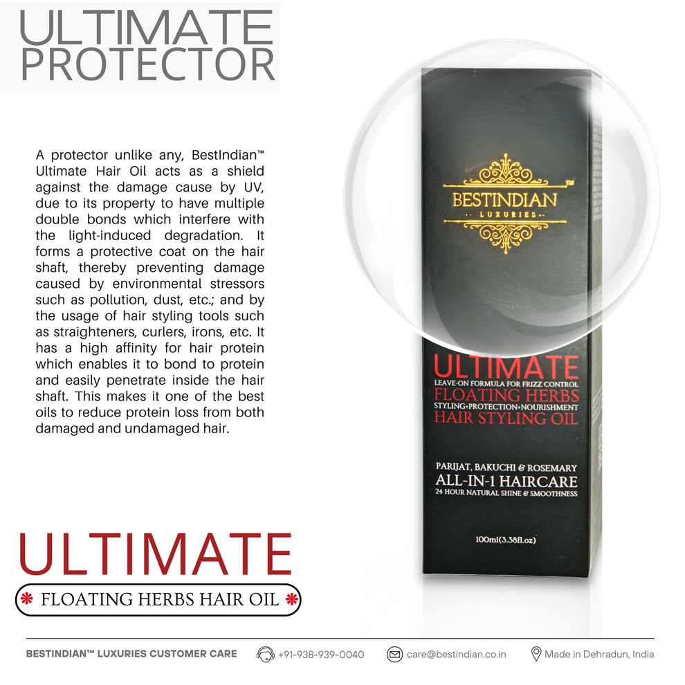 Best Indian™ Ultimate Hair Growth & Styling Oil as the ultimate protector, shielding hair from daily damage, pollution, and heat styling.