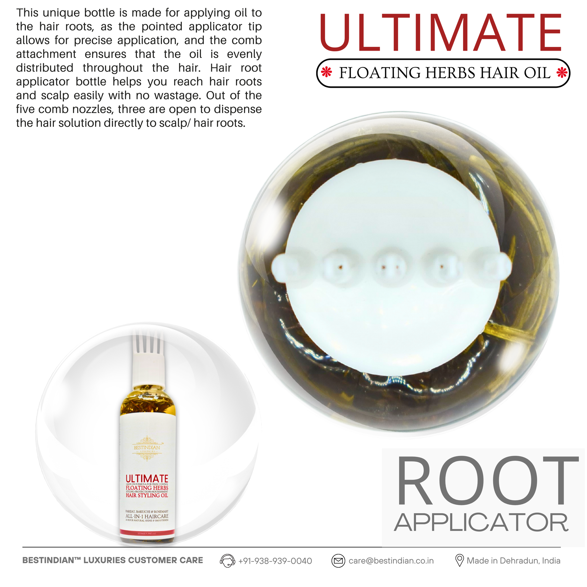 Explaining the benefits of the hair root applicator with BestIndian™ Ultimate Hair Growth & Styling Oil for targeted scalp treatment provided by the best Indian hair oil.