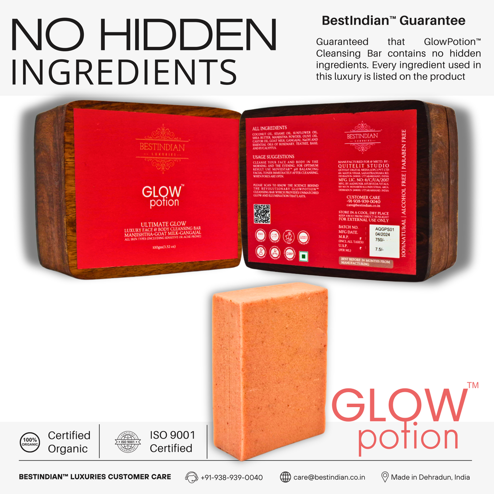 An infographic for the best organic soap- Glow Potion guaranteeing no hidden ingredients, showing the full ingredient list on the back of the wooden box and its certified organic icon.