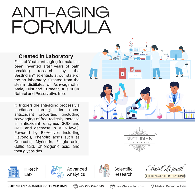 Explanation of the scientific research by BestIndian scientists behind the Elixir of Youth anti-aging formula and its antioxidant properties.