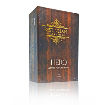 Luxury outer packaging with wood theme for Best Indian Perfume Hero Luxury Elixir for men: Natural Perfume and alcohol free scent by BestIndian™.