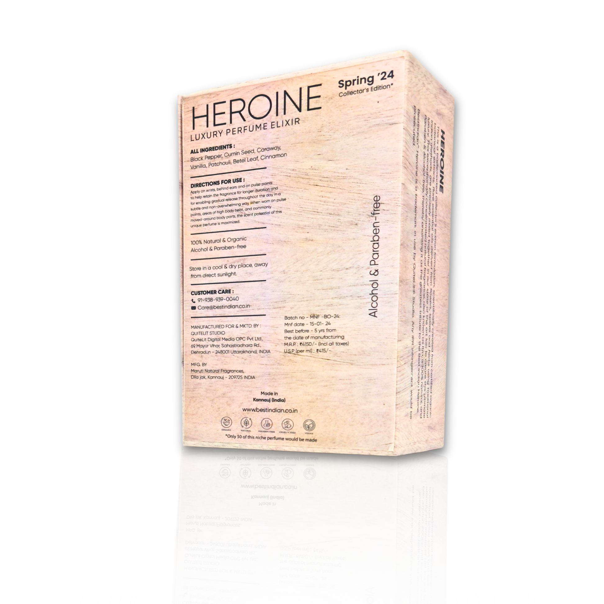 Detailed view of BestIndian™ Heroine Elixir packaging's reverse side with manufacturer's information and note details.