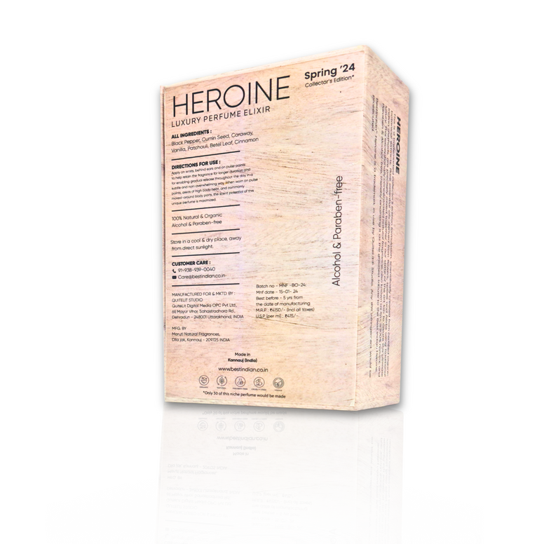 Detailed view of BestIndian™ Heroine Elixir packaging's reverse side with manufacturer's information and note details.