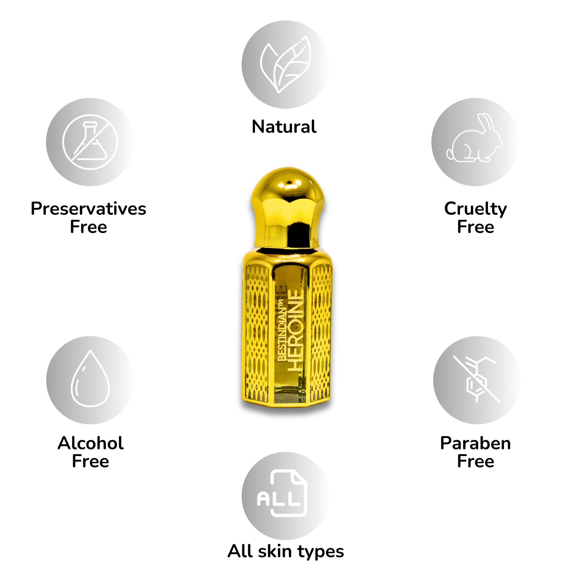 BestIndian™ Heroine Perfume Elixir roll-on vial on plain white background with benefits: All skin types, Natural Perfume, Alcohol-free Perfume, Paraben-free