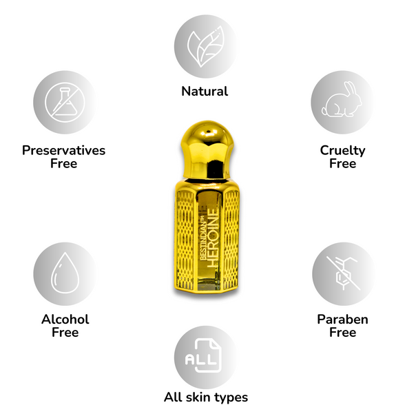 BestIndian™ Heroine Perfume Elixir roll-on vial on plain white background with benefits: All skin types, Natural Perfume, Alcohol-free Perfume, Paraben-free