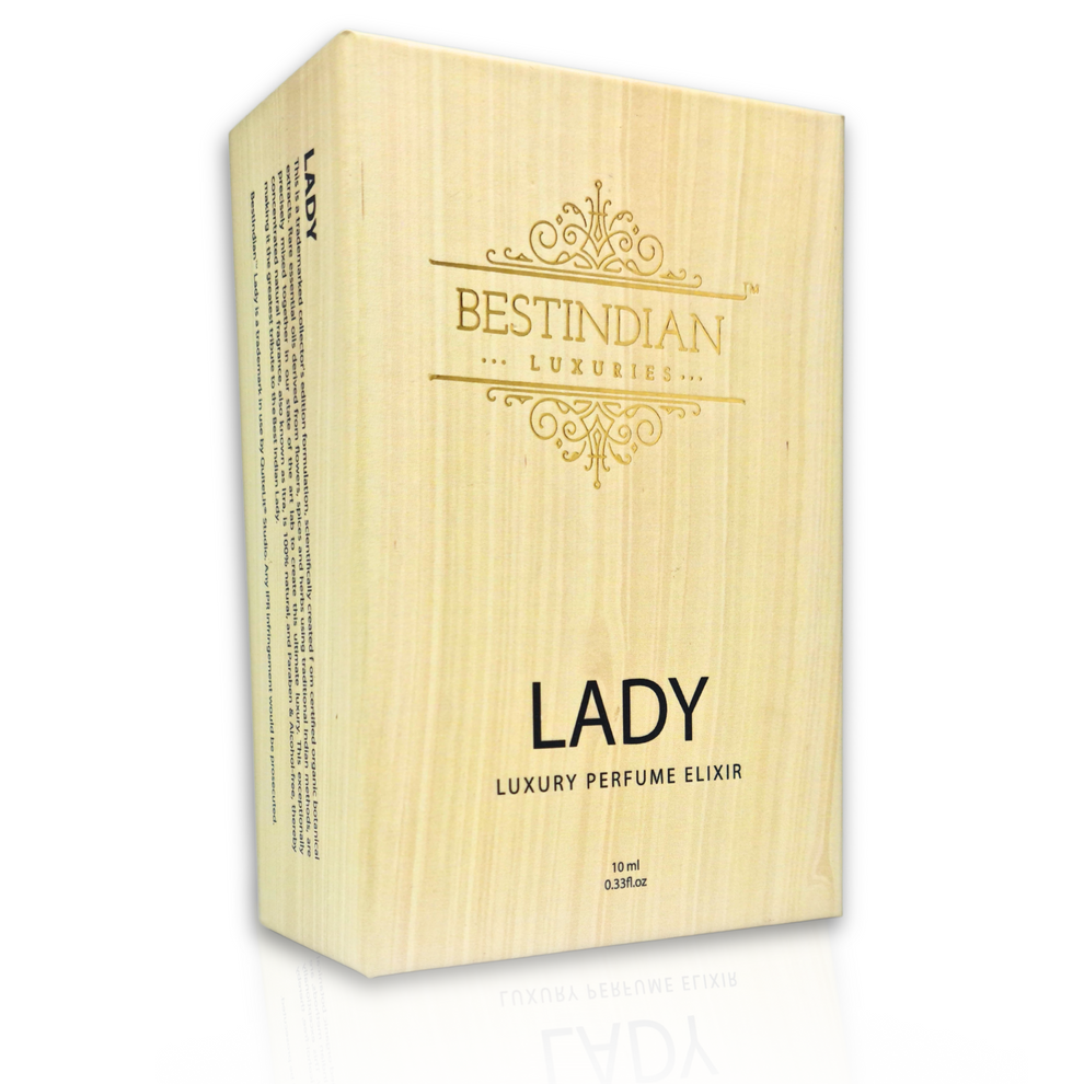 Lady by BestIndian™ — gourmand attar for women with chocolate, caramel, and coffee notes in luxury wooden themed packaging.