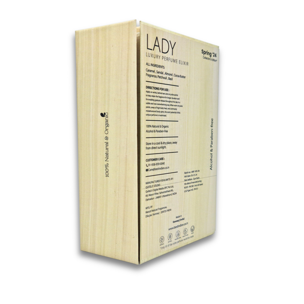 BestIndian™ Lady Perfume Elixir — seductive chocolate attar in its light wooden-themed luxury cardboard packaging. 100% Natural & Organic.