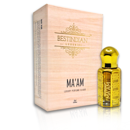 Complete luxury presentation of BestIndian™ Ma'am Luxury Perfume Elixir featuring golden bottle alongside premium wooden box with detailed product information, highlighting this sophisticated lavender perfume oil as the best Indian oud attar for women with natural alcohol-free, skin-friendly properties.