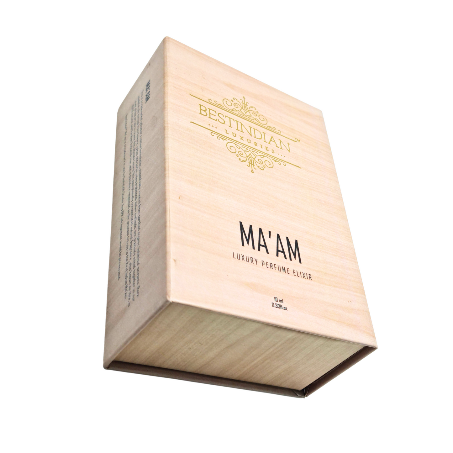 Angled view of BestIndian™ Ma'am wooden box displaying detailed product information and ingredient transparency, showcasing this elegant musk perfume oil for women with natural alcohol-free formulation and oriental woody attar characteristics.