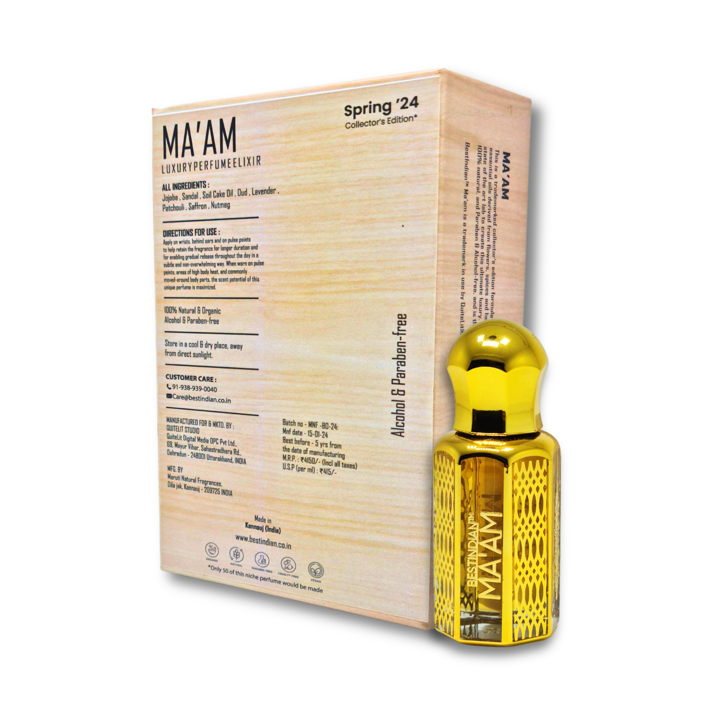 Complete presentation of BestIndian™ Ma'am Spring '24 Collector's Edition featuring opened wooden box with golden bottle and comprehensive labeling, highlighting this premium nutmeg attar as the best Indian oud attar for women with skin-friendly, paraben-free luxury roll-on formulation.