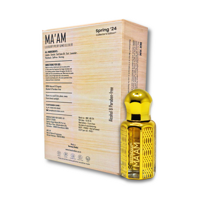 Complete presentation of BestIndian™ Ma'am Spring '24 Collector's Edition featuring opened wooden box with golden bottle and comprehensive labeling, highlighting this premium nutmeg attar as the best Indian oud attar for women with skin-friendly, paraben-free luxury roll-on formulation.