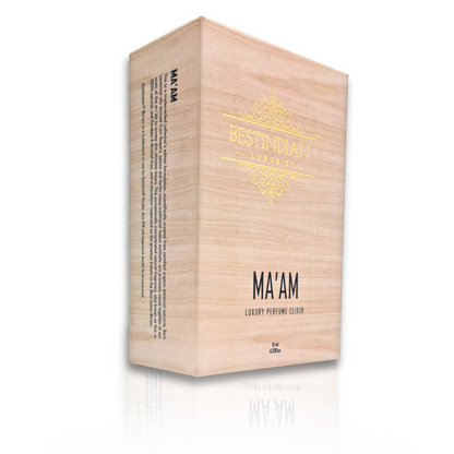 Closed premium wooden box of BestIndian™ Ma'am Luxury Perfume Elixir showing elegant branding and product details, representing this sophisticated oud attar for women with saffron and nutmeg notes using handcrafted Kannauj perfume oil traditions.
