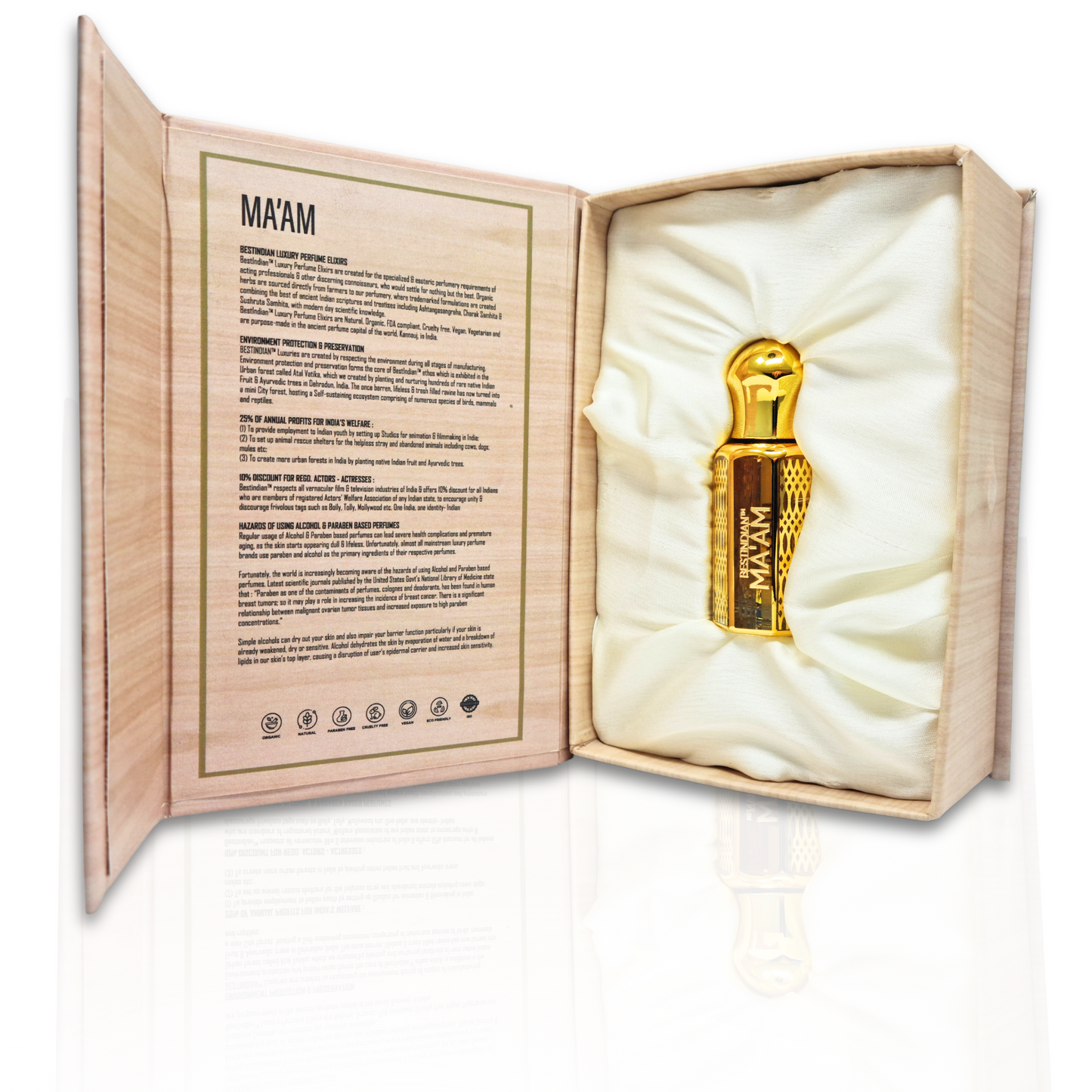 Opened luxury wooden box displaying BestIndian™ Ma'am Luxury Perfume Elixir nestled in elegant satin cushioning, featuring this exquisite sandalwood attar for women with detailed product information panel, representing oriental woody attar crafted using handcrafted Kannauj perfume oil traditions.