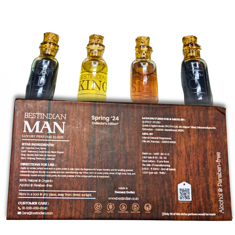 Four transparent miniature 2ml attar dab-on vials – King, Sir, Hero, and Lord  of BestIndian™ Man Perfume Elixir Set displayed atop the dark wood-themed box.