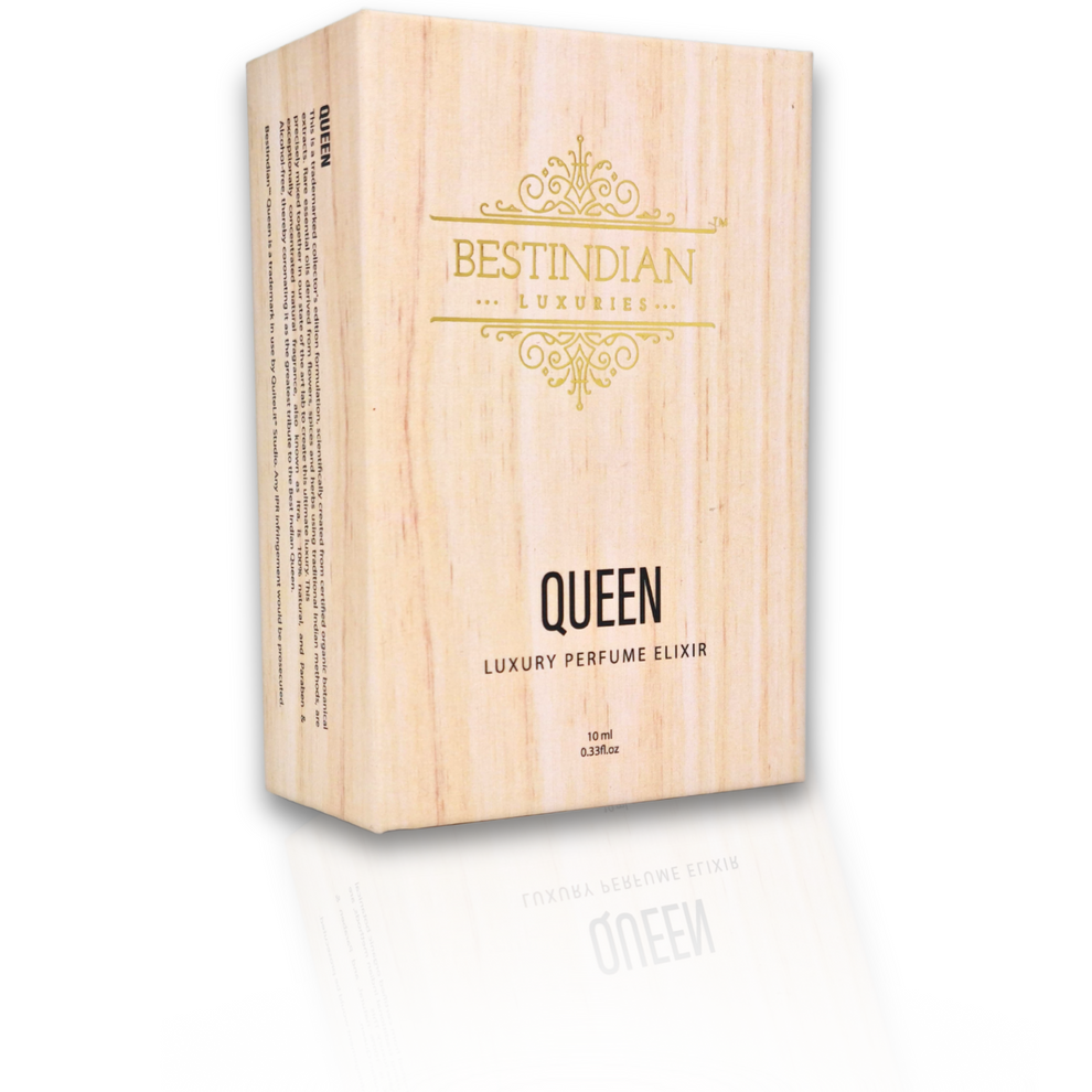 Closed premium wooden packaging of BestIndian™ Queen Luxury Perfume Elixir showcasing elegant branding and craftsmanship, representing this regal oud attar for women with vanilla and cardamom undertones crafted using traditional Kannauj techniques.