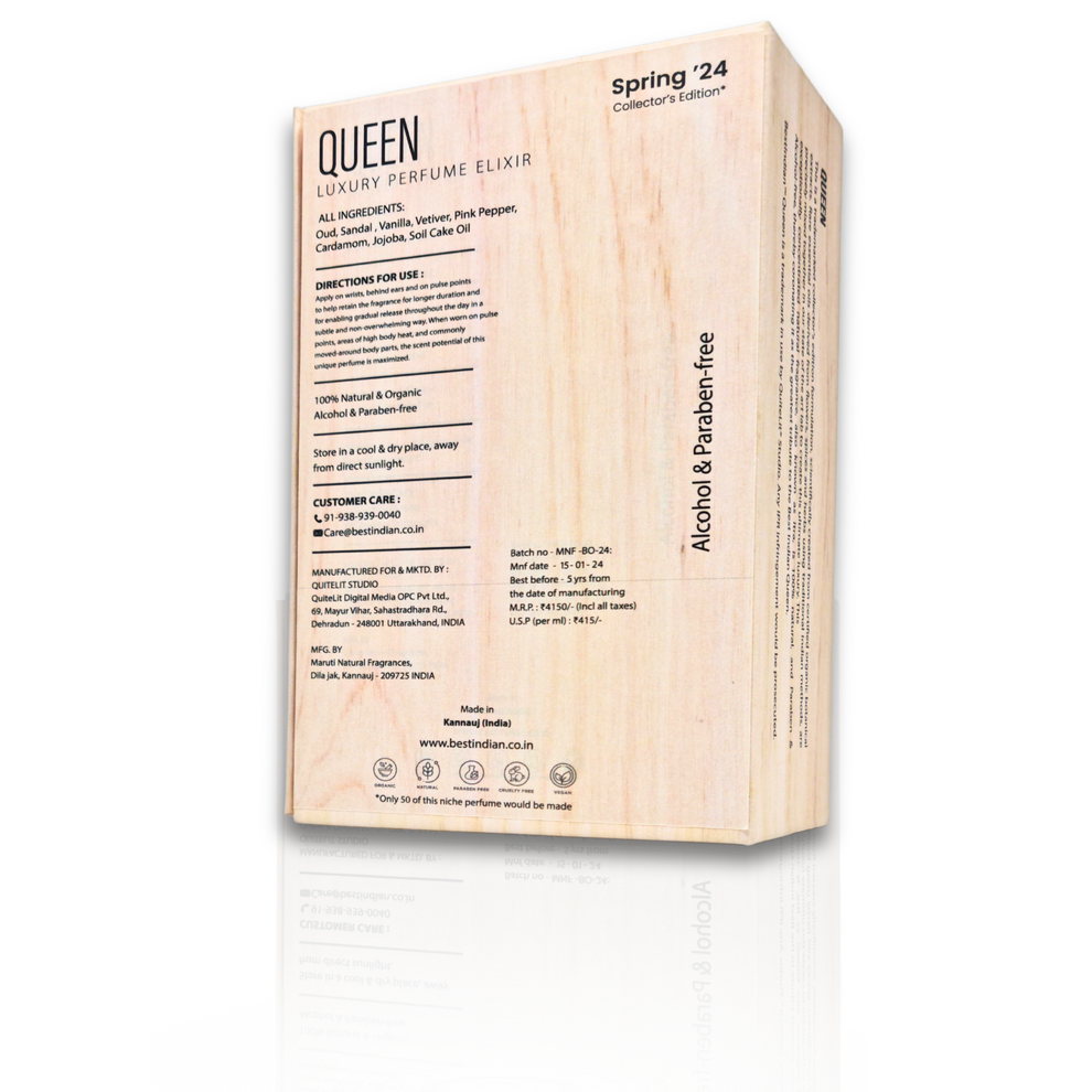 BestIndian™ Queen Spring Collector's Edition wooden box standing upright showing comprehensive ingredient details and usage instructions, featuring this regal oriental oud perfume for women with cardamom and vanilla notes crafted in Kannauj tradition.