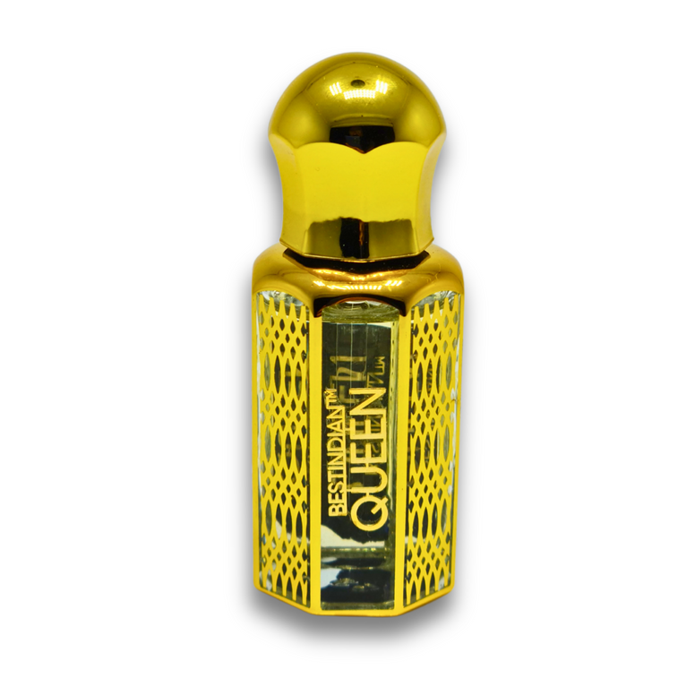 Detailed front view of BestIndian™ Queen golden roll-on bottle showcasing its ornate lattice design and elegant branding, featuring this sophisticated oud attar for women with regal woody oriental notes crafted using handcrafted Kannauj oud attar traditions.