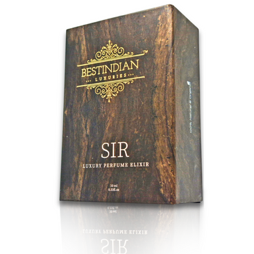 Outer packaging for BestIndian™ Sir Perfume Elixir with a wooden theme. Best Attar for men. Alcohol-free masculine fragrance.